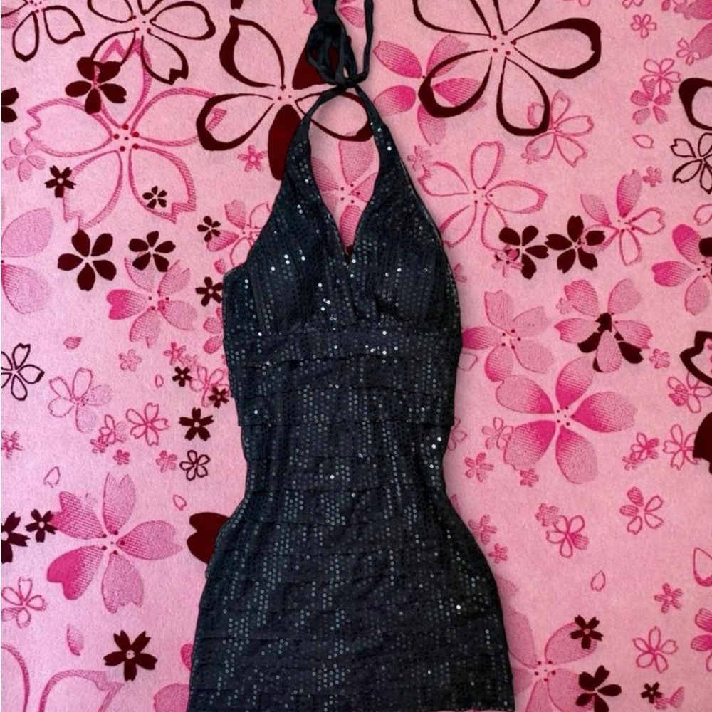 Black Sequined Halter Mini Dress